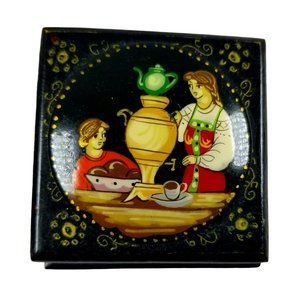 Russian Black Lacquer Double Compartment Trinket Box Hand-Painted Folk-Art Scene